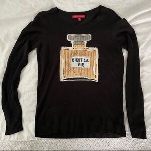 Saks Fifth Avenue XS sequin perfume bottle sweater C'est La Vie Angora blend